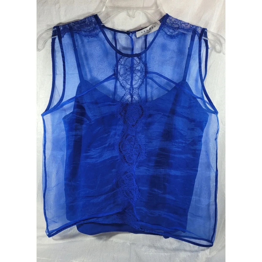 Sandro Paris Women's Sheer Sleeveless Top w/ Silk Cami - Blue - Sz 1 (US 4) - Picture 1 of 7